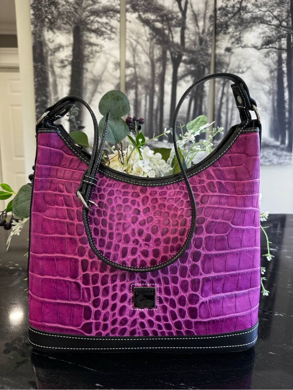 🐊💜Dooney & Bourke Croco Embossed Leather Hobo Shoulder Bag Purple Orchid Black - Picture 6 of 14